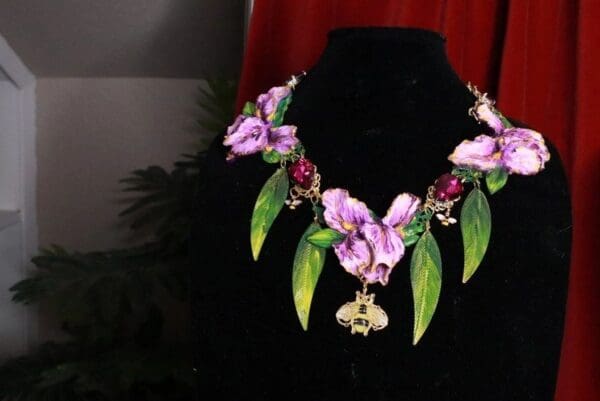 SOLD! 8363 Art Nouveau Vivid Hand Painted Iris Flower Massive Necklace - Image 2