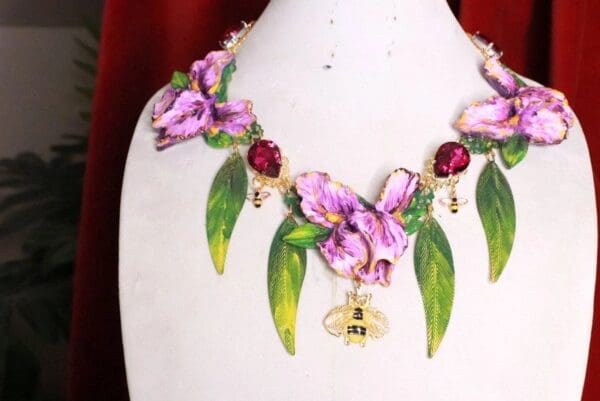 SOLD! 8363 Art Nouveau Vivid Hand Painted Iris Flower Massive Necklace - Image 3