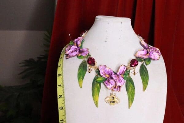 SOLD! 8363 Art Nouveau Vivid Hand Painted Iris Flower Massive Necklace - Image 4