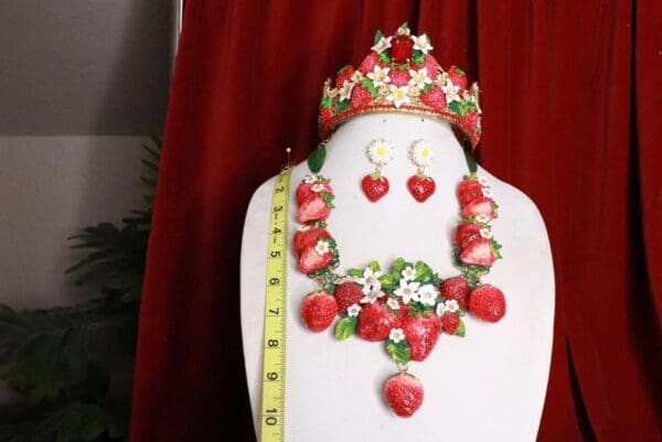 SOLD! 8364 Set Of Art Nouveau Vivid Hand Painted Strawberry Massive Necklace+ Earrings - Image 3