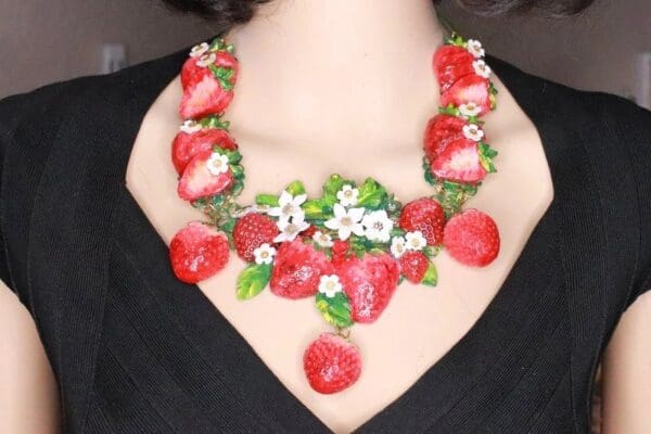 SOLD! 8364 Set Of Art Nouveau Vivid Hand Painted Strawberry Massive Necklace+ Earrings