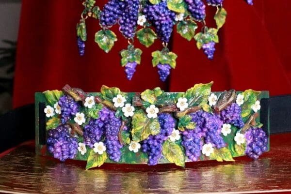 SOLD! 8366 Art Nouveau Grapes Hand Painted Embellished Waist Gold Belt Size S, L, M - Image 3