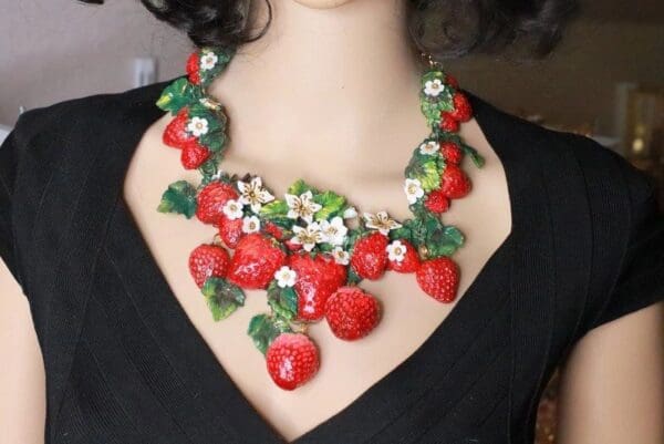 SOLD! 8367 Set Of Art Nouveau Vivid Hand Painted Strawberry Massive Necklace+ Earrings - Image 2