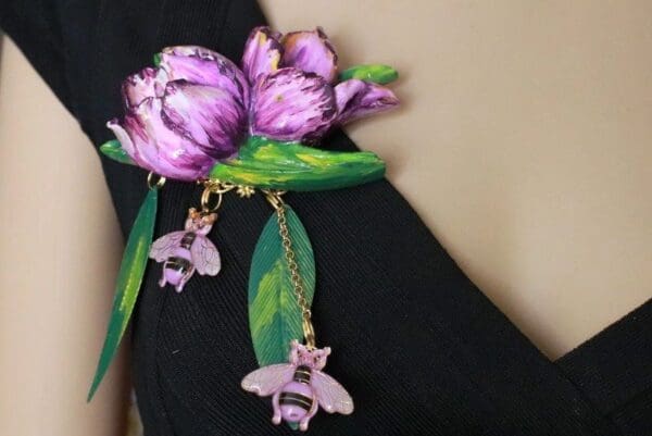 SOLD! 8370 Tulips Bee Hand Painted Massive Brooch