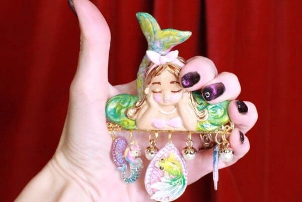 SOLD! 8371 Little Mermaid Fish Hand Painted Massive Brooch - Image 2
