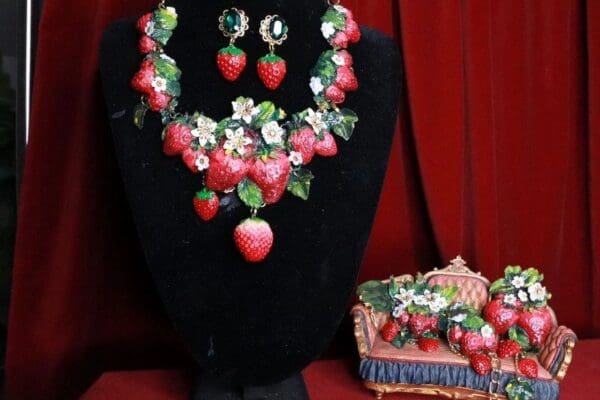 SOLD! 8387 Set Of Art Nouveau Vivid Hand Painted Strawberry Massive Necklace+ Earrings - Image 4
