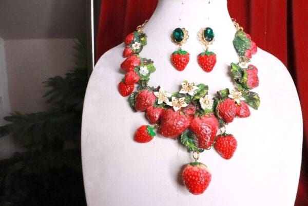 SOLD! 8387 Set Of Art Nouveau Vivid Hand Painted Strawberry Massive Necklace+ Earrings