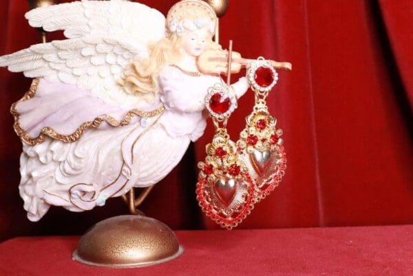 SOLD! 8389 Baroque Sacred Heart Red Light Weight Earrings - Image 7