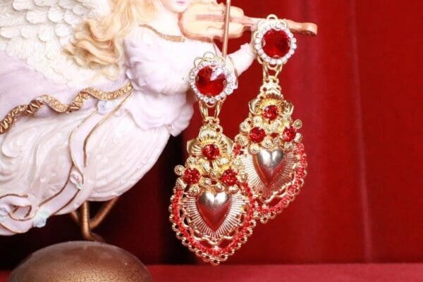 SOLD! 8389 Baroque Sacred Heart Red Light Weight Earrings