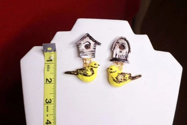 SOLD! 8398 Enamel Hand Painted Birds Birdhouse Statement Earrings - Image 4