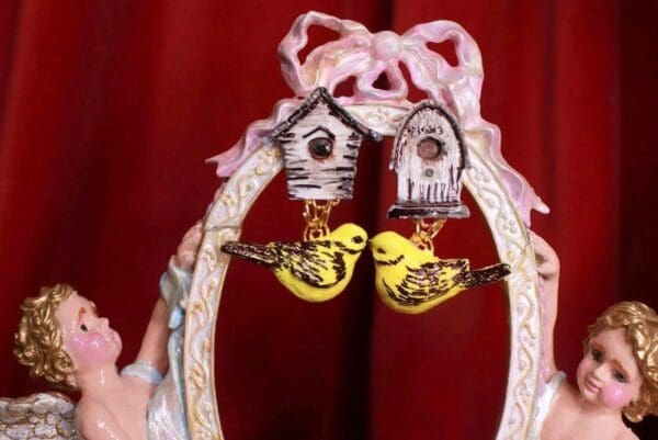 SOLD! 8398 Enamel Hand Painted Birds Birdhouse Statement Earrings