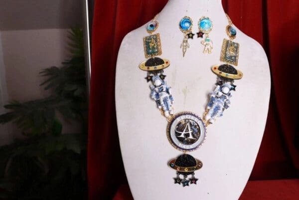 SOLD! 8400 Set Of Celestial NASA Astronauts Iridescent Necklace+ Earrings