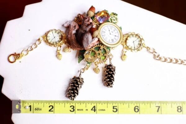 SOLD! 8402 Baroque Oak Clock Squirrel Hand Painted Adjustable Bracelet - Image 3