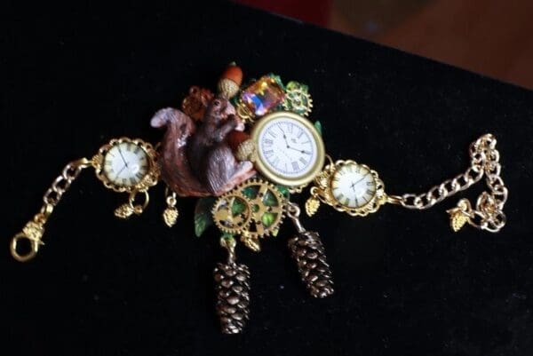 SOLD! 8402 Baroque Oak Clock Squirrel Hand Painted Adjustable Bracelet - Image 4