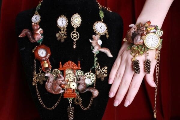 SOLD! 8403 Set Of Art Jewelry 3D Effect Squirrel Clock Oak Necklace+ Earrings - Image 2
