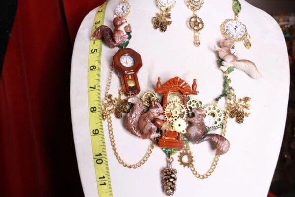 SOLD! 8403 Set Of Art Jewelry 3D Effect Squirrel Clock Oak Necklace+ Earrings - Image 3