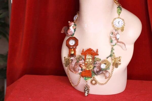 SOLD! 8403 Set Of Art Jewelry 3D Effect Squirrel Clock Oak Necklace+ Earrings - Image 6