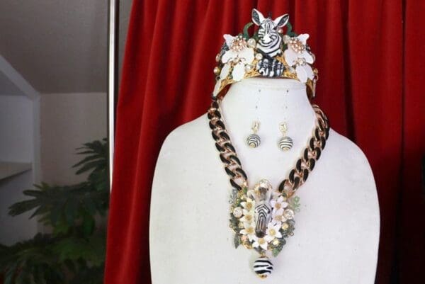 SOLD! 8425 Set Of Runway 2021 Designer Inspired Jungle Zebras Necklace+ Earrings - Image 5