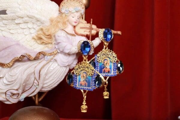 SOLD! 8428 Virgin Mary Icon Blue Gold Studs Earrings - Image 2