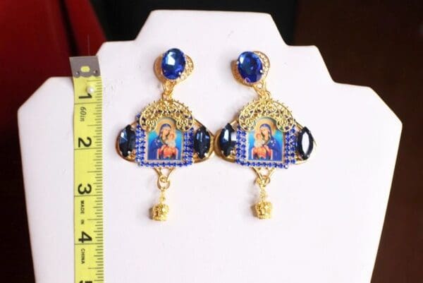 SOLD! 8428 Virgin Mary Icon Blue Gold Studs Earrings - Image 5