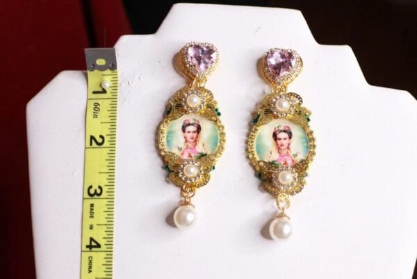 SOLD! 8429 Frida Kahlo Pink Rhinestone Studs Earrings - Image 2
