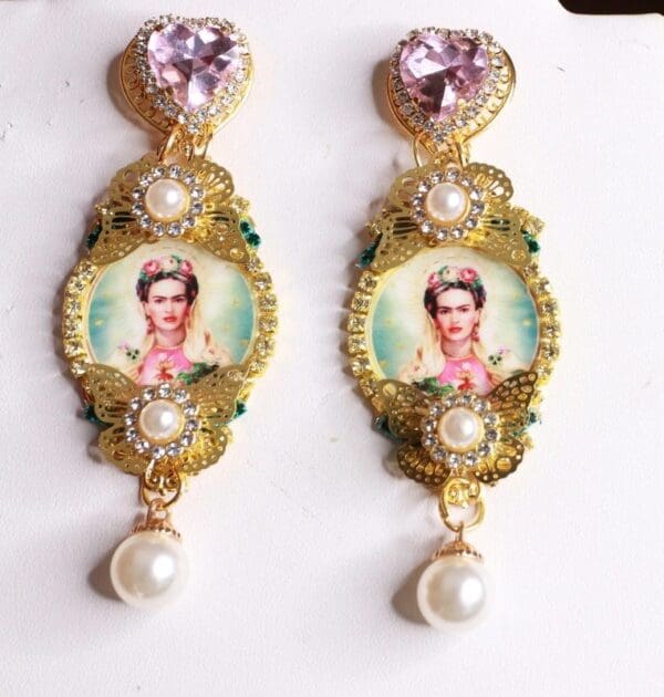 SOLD! 8429 Frida Kahlo Pink Rhinestone Studs Earrings