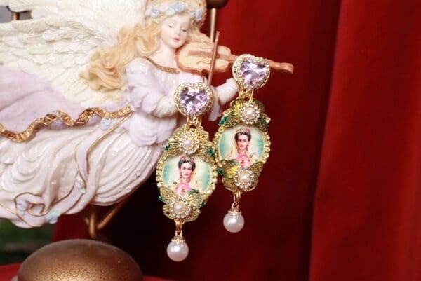SOLD! 8429 Frida Kahlo Pink Rhinestone Studs Earrings - Image 5