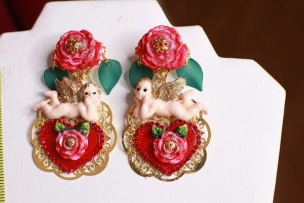 SOLD! 8431 Baroque Cherubs Angels Heart Studs Earrings - Image 2