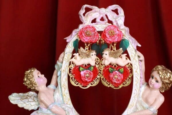 SOLD! 8431 Baroque Cherubs Angels Heart Studs Earrings - Image 6
