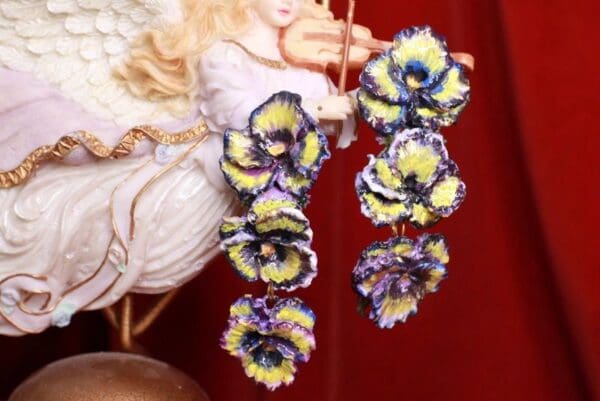 SOLD! 8447 Sicilian Violet Flower Hand Painted Studs Earrings - Image 2