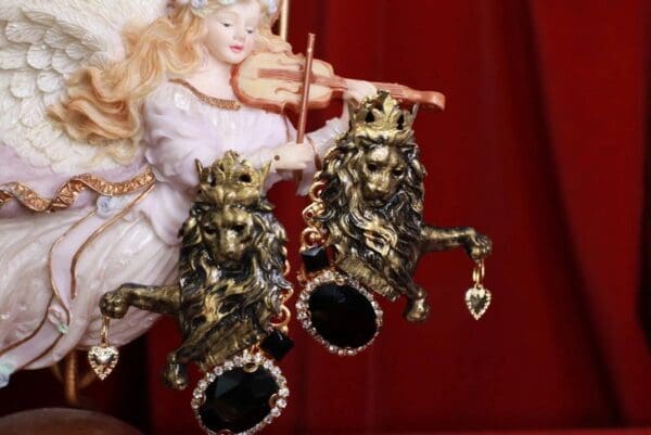 SOLD! 8450 Baroque Lions Massive Hand Painted Bronze Studs Earrings