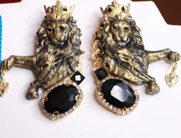 SOLD! 8450 Baroque Lions Massive Hand Painted Bronze Studs Earrings - Image 6
