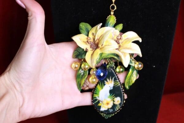 SOLD! 8453 Massive Parrot Lily Flower Hand Painted Pendant - Image 9