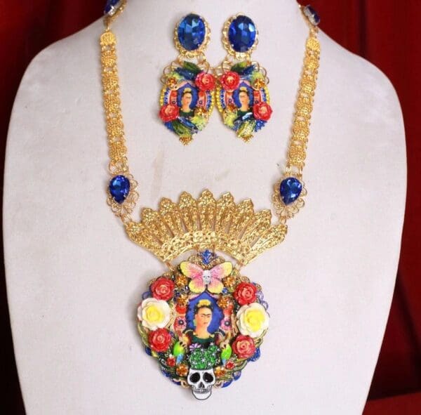 SOLD! 8462 Set Of Frida Kahlo Sacred Heart Bright Colors Necklace+ Earrings