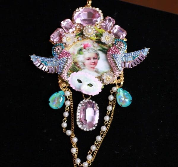 SOLD! 8464 Marie Antoinette Pink Rhinestones Cameo Massive Pendant Necklace