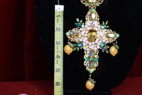 SOLD! 8465 Baroque Cross Lemon Fruit Rhinestone Massive Cross Necklace - Image 5