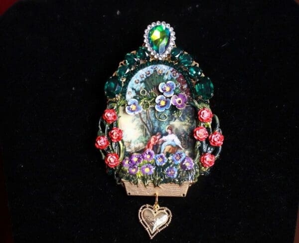 SOLD! 8466 Rococo Paintings François Boucher Lovers In a Garden Hand Painted Brooch - Image 2