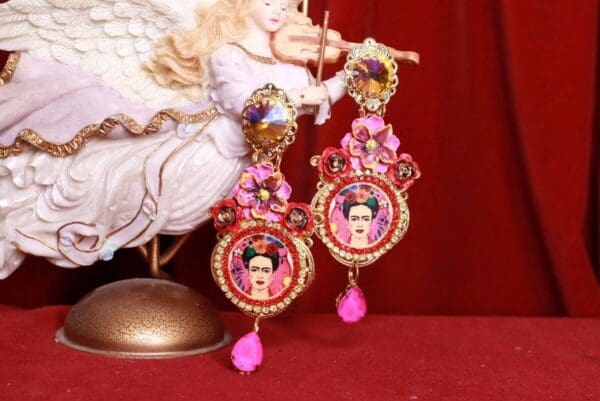 SOLD! 8467 Frida Kahlo Pink Fuchsia Rhinestone Studs Earrings - Image 5