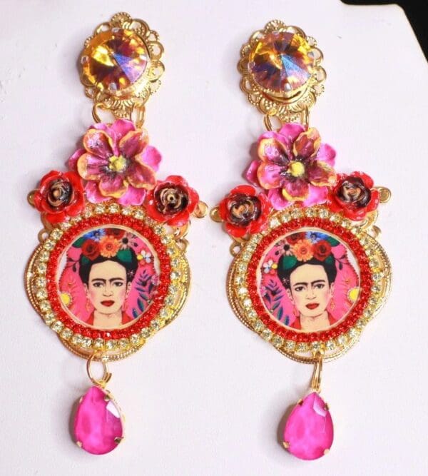 SOLD! 8467 Frida Kahlo Pink Fuchsia Rhinestone Studs Earrings - Image 7