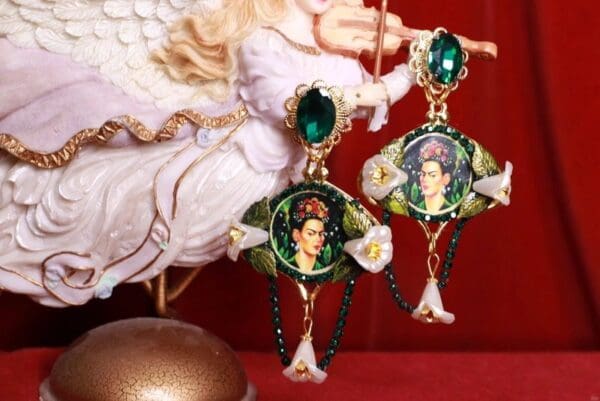 SOLD! 8468 Frida Kahlo Lily Of The Valley Rhinestone Studs Earrings - Image 2