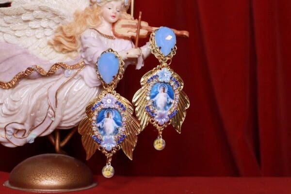 SOLD! 8469 Virgin Mary Madonna Blue Rhinestone Winged Studs Earrings - Image 6