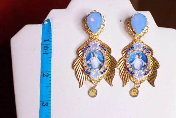 SOLD! 8469 Virgin Mary Madonna Blue Rhinestone Winged Studs Earrings - Image 7