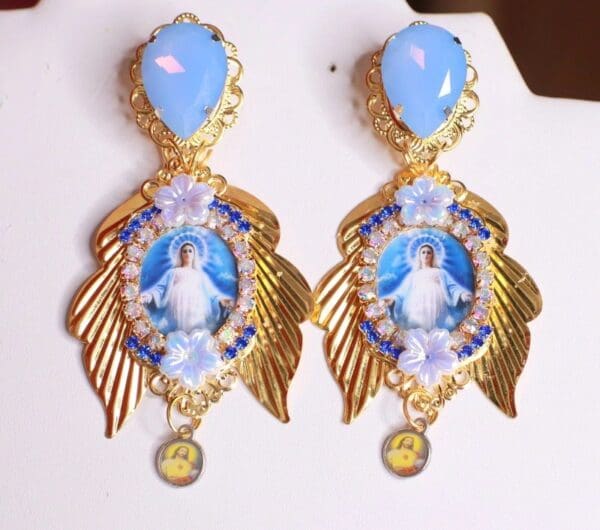 SOLD! 8469 Virgin Mary Madonna Blue Rhinestone Winged Studs Earrings