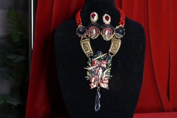 SOLD! 8471 Set Of Vintage Painting Couple Bows Massive Necklace+ Earrings - Image 3