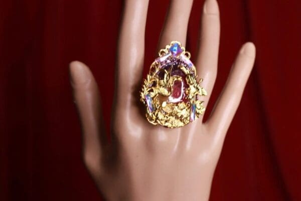 SOLD! 8476 Asian Japanese Crane Embellished Genuine Agate Cocktail Adjustable Ring - Image 2