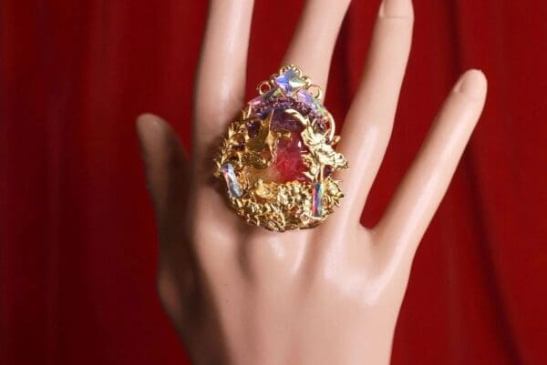 SOLD! 8476 Asian Japanese Crane Embellished Genuine Agate Cocktail Adjustable Ring - Image 3