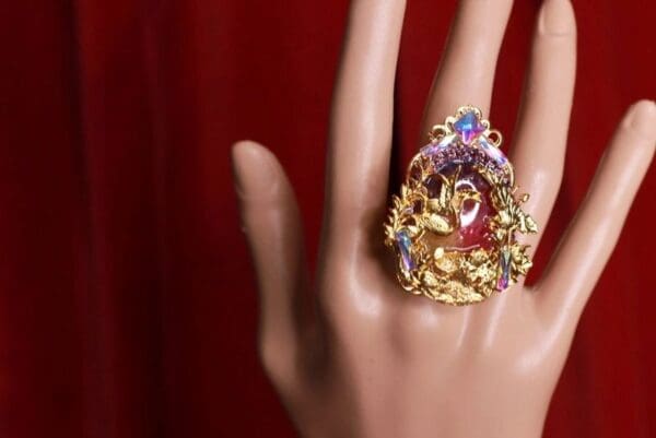 SOLD! 8476 Asian Japanese Crane Embellished Genuine Agate Cocktail Adjustable Ring - Image 4