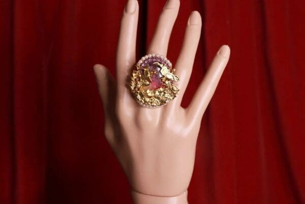SOLD! 8477 Asian Japanese Crane Embellished Genuine Agate Cocktail Adjustable Ring - Image 2