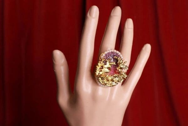 SOLD! 8477 Asian Japanese Crane Embellished Genuine Agate Cocktail Adjustable Ring - Image 3