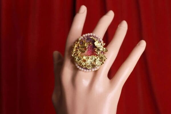 SOLD! 8477 Asian Japanese Crane Embellished Genuine Agate Cocktail Adjustable Ring - Image 4
